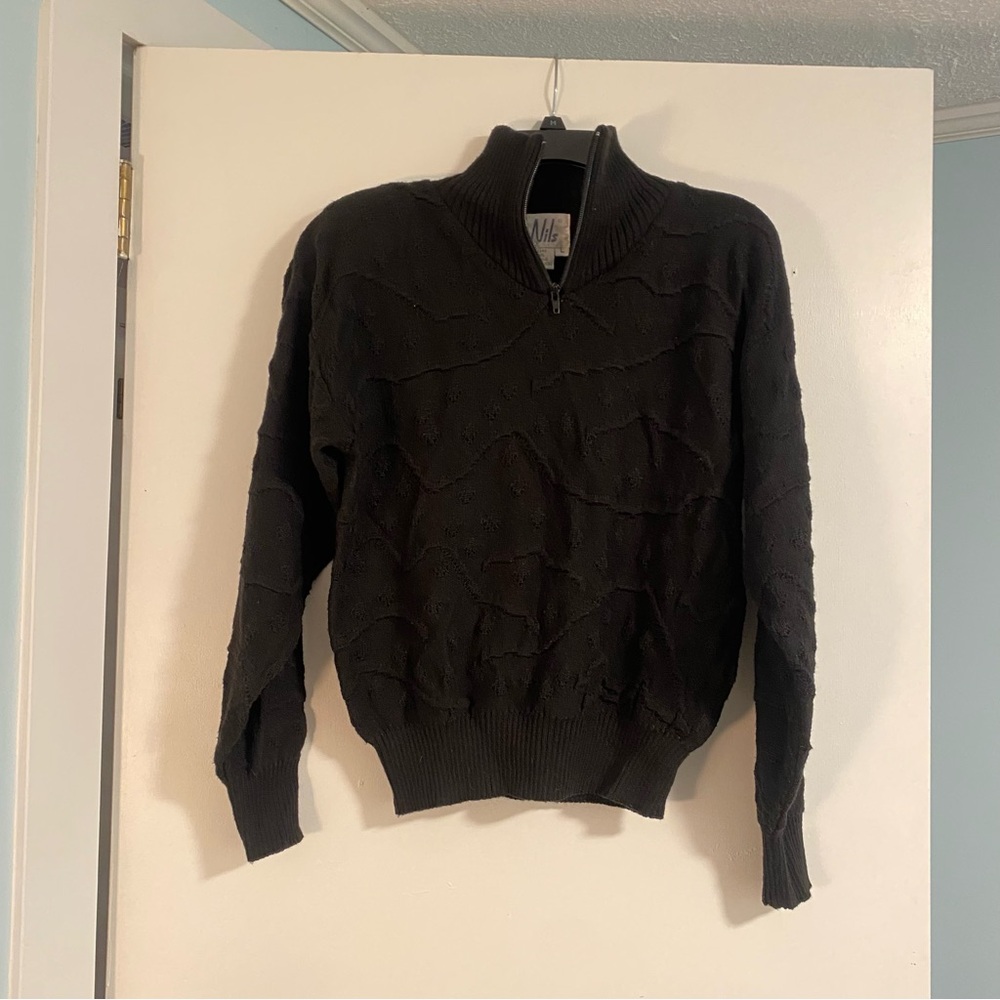 Vtg Nils Wool Blend Black Sweater Quarter Zip Mock Pullover Women's CottageCore